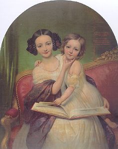 Portrait of Marguerite Louise Cibiel and of Marie Aglaure Cibiel paging through a book. 1839