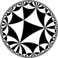 Tiling of the hyperbolic plane by triangles: π/3, π/6, π/7. Generated by Python code at User:Tamfang/programs.