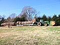 English: A rancher transports round bales of hay down a rural road in Grayson County, Texas, USA