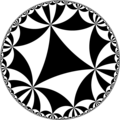 Tiling of the hyperbolic plane by triangles: π/6, π/6, π/7. Generated by Python code at User:Tamfang/programs.