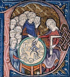 Initial illustration of a woman teaching geometry from a French 1309-16 manuscript of Euclid's Elementa