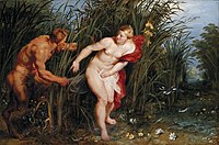 Jan Brueghel (I) (landscape) and Peter Paul Rubens (figures). River landscape with Pan and Syrinx label QS:Len,"River landscape with Pan and Syrinx" label QS:Lpl,"Krajobraz nadrzeczny z Panem i Syrinks" label QS:Lnl,"Rivierlandschap met Pan en Syrinx" . circa 1616-1617. oil on panel medium QS:P186,Q296955;P186,Q106857709,P518,Q861259 . 58 × 95.5 cm (22.8 × 37.5 in). Kassel, Gemäldegalerie Alte Meister.