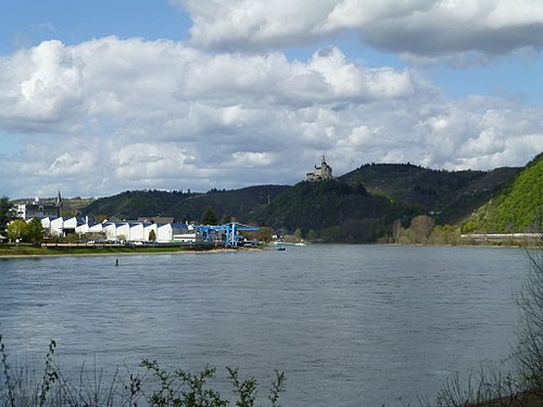 Spay industry, left side of the Rhine. In background the Marksburg above Braubach.