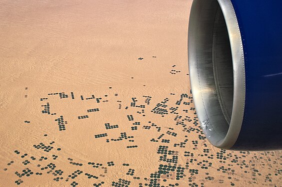 Aerial image of circular irrigated green fields in desert sand, Sahara desert, Algeria