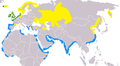 Range map yellow: summer green: year-round blue: winter