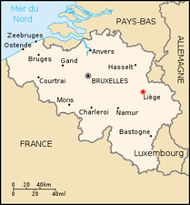 Map of Belgium in french, red spot for Liège