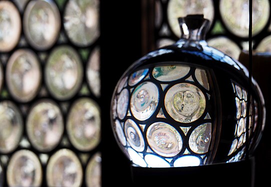 Bull's-eye panes reflected in a glass sphere, Albrecht Dürer House, Nuremberg, Germany