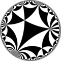 Tiling of hyperbolic plane by triangles: π/3, π/8, 0. Generated by Python code at User:Tamfang/programs.