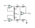 A circuit diagram of a instrumentation amplifier made using operational amplifiers. Combines very high input impedance, high common-mode rejection, low DC offset, and other properties used in making very accurate, low-noise measurements