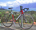 A road racing bicycle, using a mix of shaped aluminum tubing and carbon fiber parts