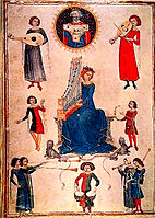 14th century "King David, Lady Music and musicians". In manuscript "De institutione musica". Boetius. Naples, Biblioteca Nazionale