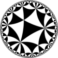 Tiling of the hyperbolic plane by triangles: π/3, π/6, π/6 Generated by Python code at User:Tamfang/programs.