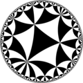 Tiling of the hyperbolic plane by triangles: π/4, π/4, π/7. Generated by Python code at User:Tamfang/programs.