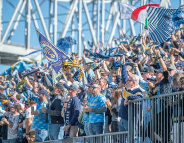 Fans cheer in a stadium.