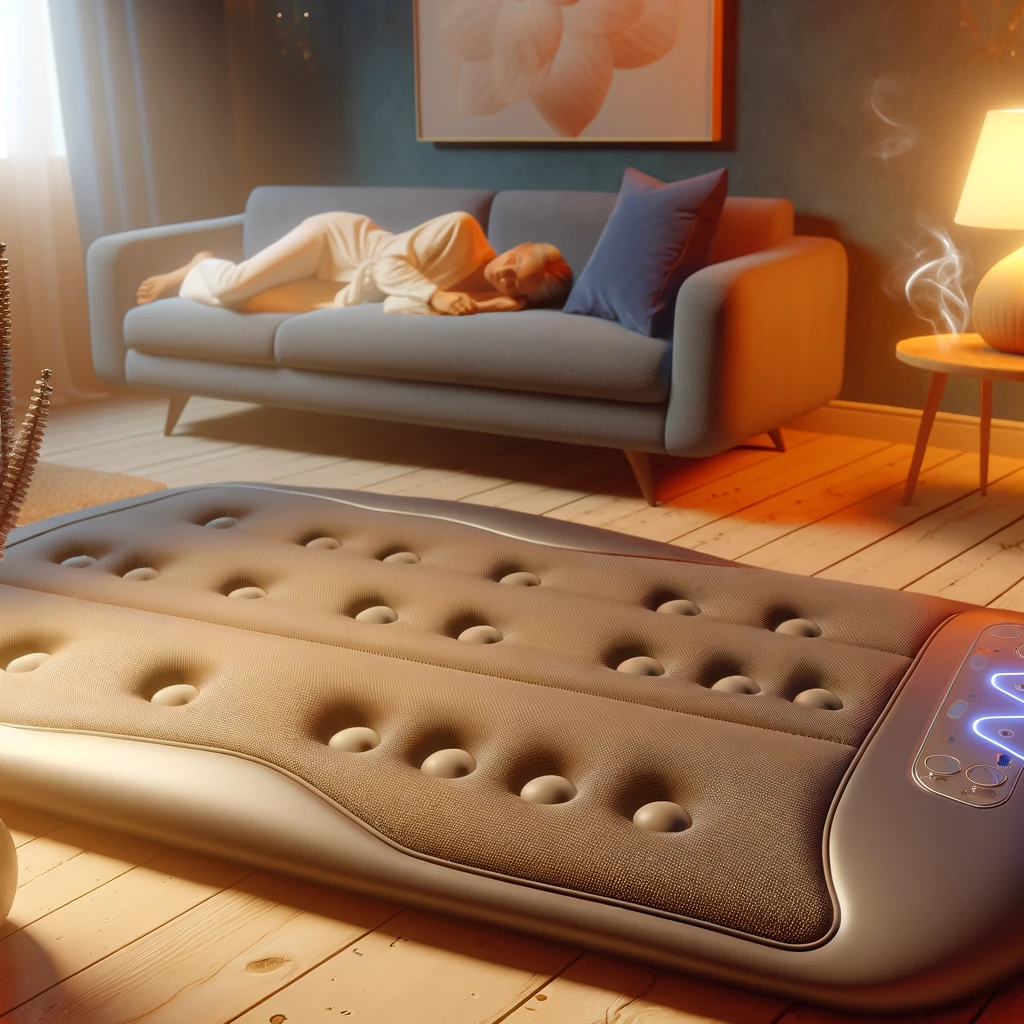 Home Wellness Massage Devices-The image has been created to visually represent the essence of tranquility and wellness in a cozy home environment with the use of a modern massage mat.