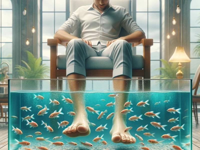 This image captures the serene and unique experience of Dr. Fish therapy, depicting a person relaxing as tiny fish gently nibble away at the dead skin on their feet. Set in a peaceful spa environment, the person appears comfortable and at ease, with their feet dipped into a clear, fish-filled aquarium. The atmosphere is depicted as calming and inviting, perfectly illustrating the novelty and enjoyment of this distinctive therapy. This visual invites viewers to explore the relaxation and skin health benefits offered by Dr. Fish therapy, encouraging a try of this unique form of relaxation.