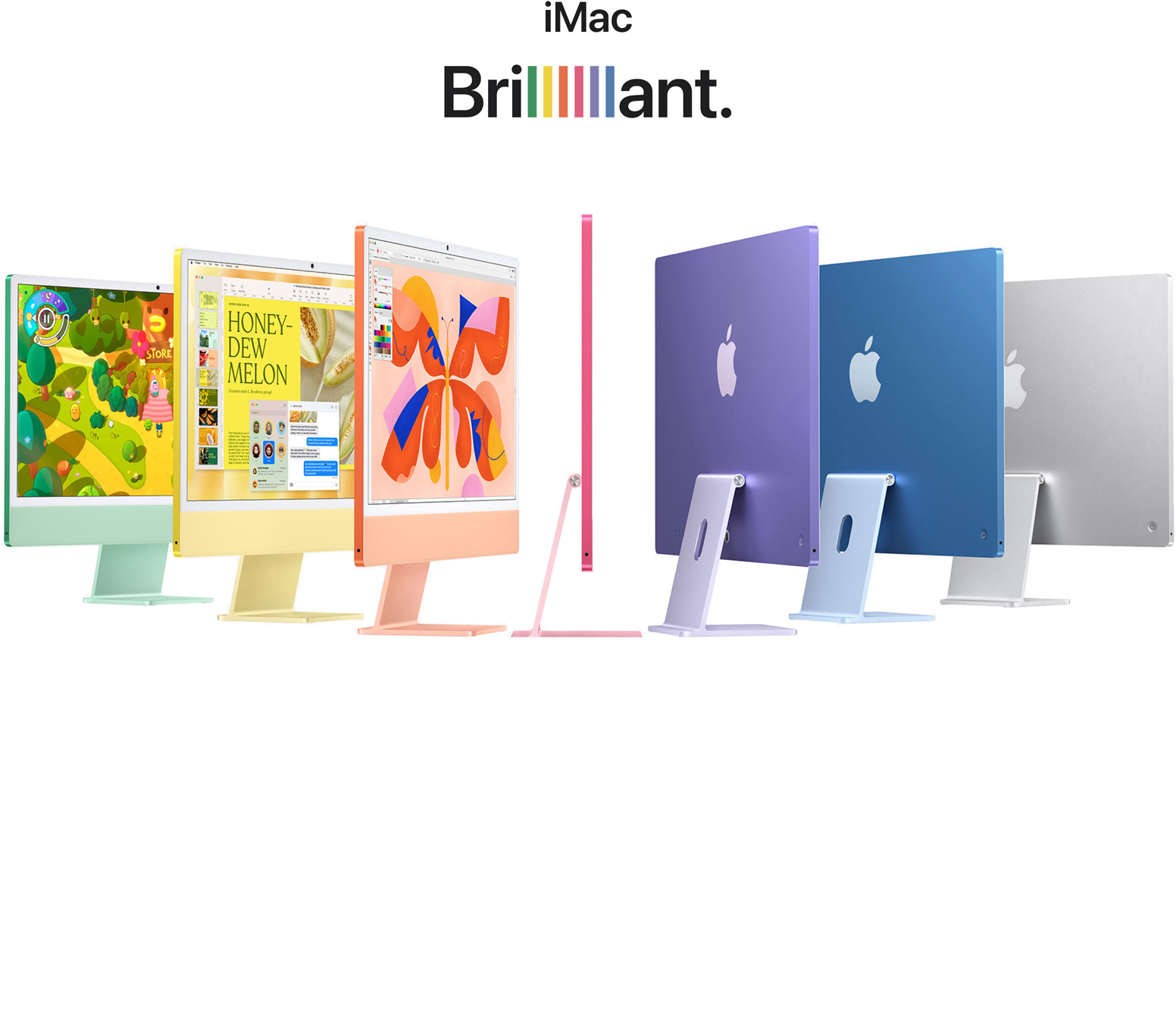 7 iMac Computer in verschiedenen Farben (Grün, Gelb, Orange, Pink, Violett, Blau, Silber) in einer Fächeranordnung