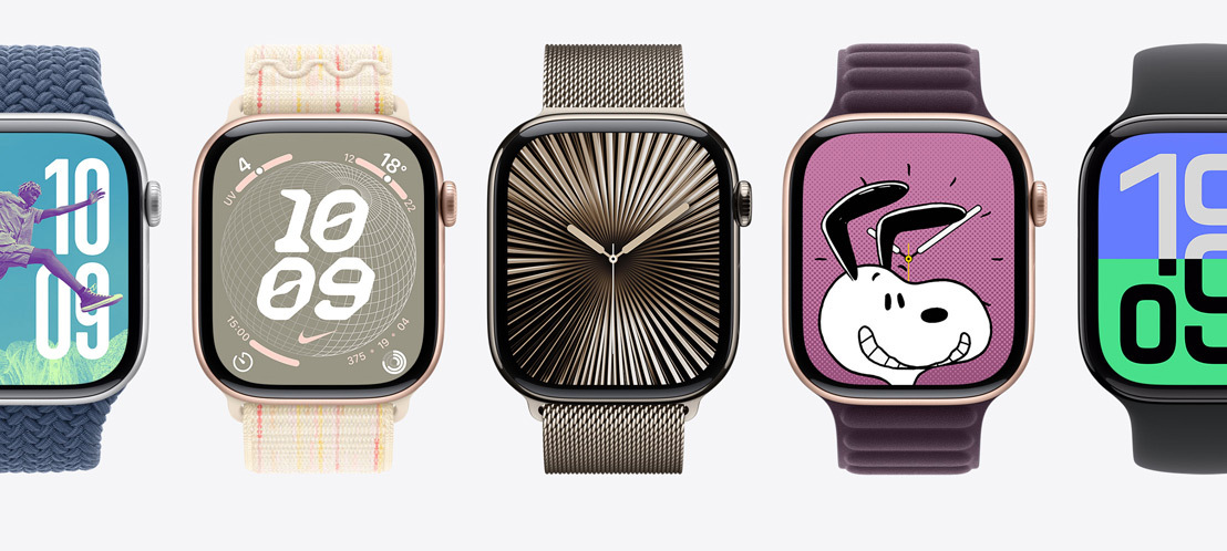 Plusieurs écrans d’Apple Watch, notamment un cadran Reflets et un cadran Snoopy.