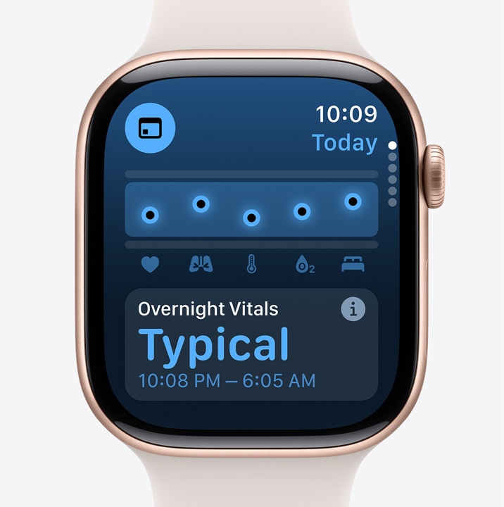 A Vitals app screen on Apple Watch Series 10 showing that the data collected overnight was typical.