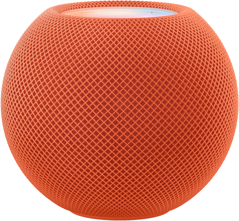 HomePod mini naranja debajo de una animación de píxeles de varios colores que se mueven formando la palabra «mini».