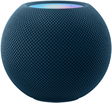 HomePod mini azul debajo de una animación de píxeles de varios colores que se mueven formando la palabra «mini».