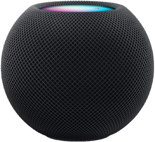 HomePod mini Medianoche debajo de una animación de píxeles de varios colores que se mueven formando la palabra «mini».