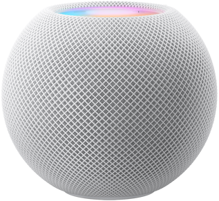 白色 HomePod mini 及上方有一個串出「mini」一字的彩色像素動畫。