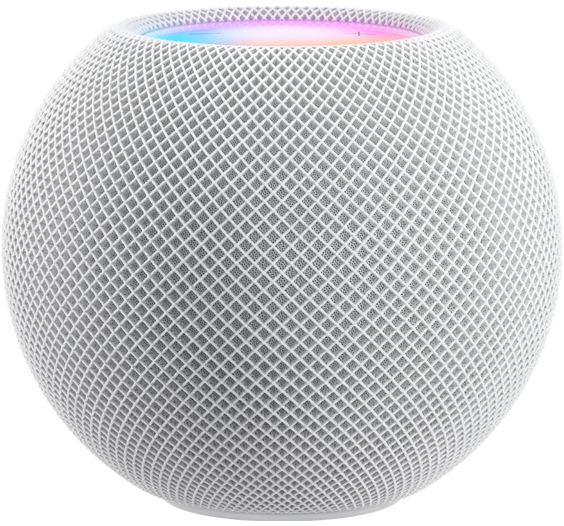 白色、藍色及黃色 HomePod mini 的側面，前後交錯排列；Siri 亦已啟用。