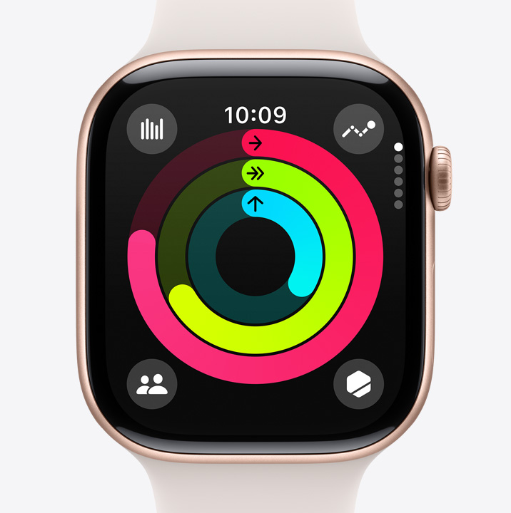 Une Apple Watch Series 10 affichant l’app Activité qui indique les progrès d’une personne avec ses anneaux Bouger, M’entraîner et Me lever.