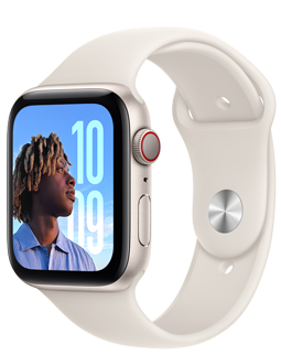 ساعة Apple Watch SE بإطار من الألومنيوم بلون ضوء النجوم مع حزام رياضي (أبيض).