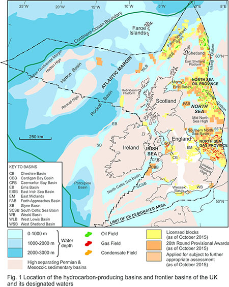 Location of the hydrocarbon-producing basins and frontier basins of the UK and its designated waters.