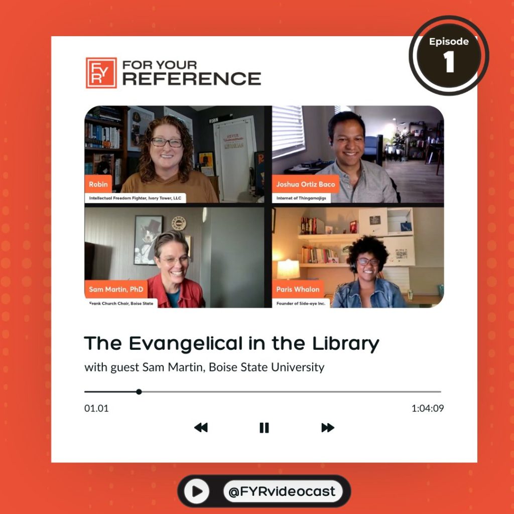 Orange square in shape of video player, featuring image of videocast, name of episode and name of guest.