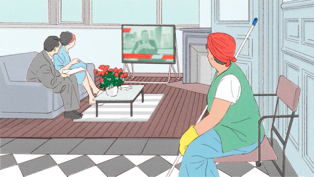 Illustration of a well-dressed couple watches the news in a stylish living room, while a cleaning worker in a headscarf and gloves sits nearby, glancing at the TV.