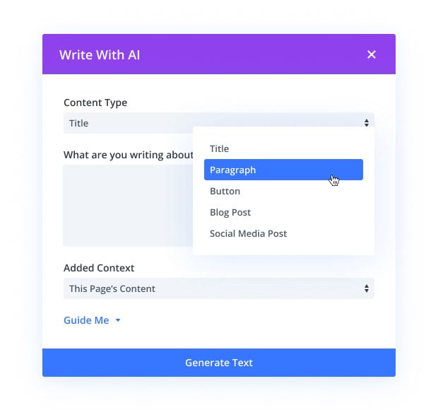 Divi AI Text Content Types