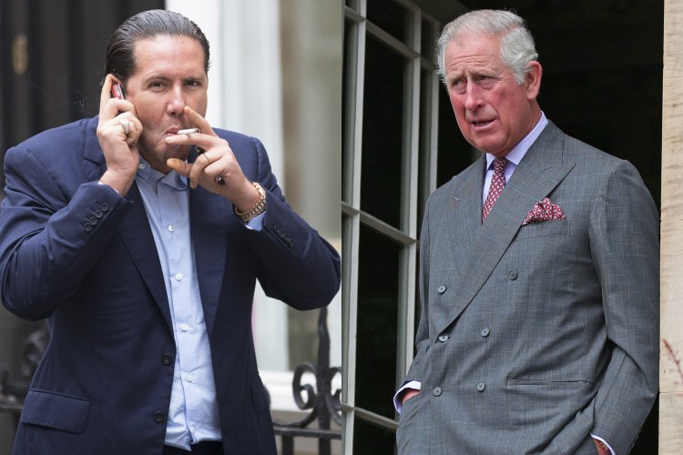 Diptych of a man smoking and talking on a cell phone, and King Charles III.