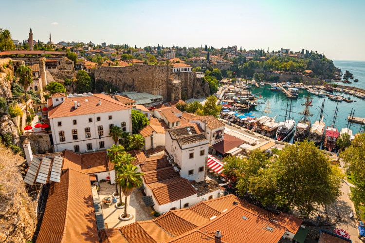 Aerial view of Antalya's old harbor, Turkey.