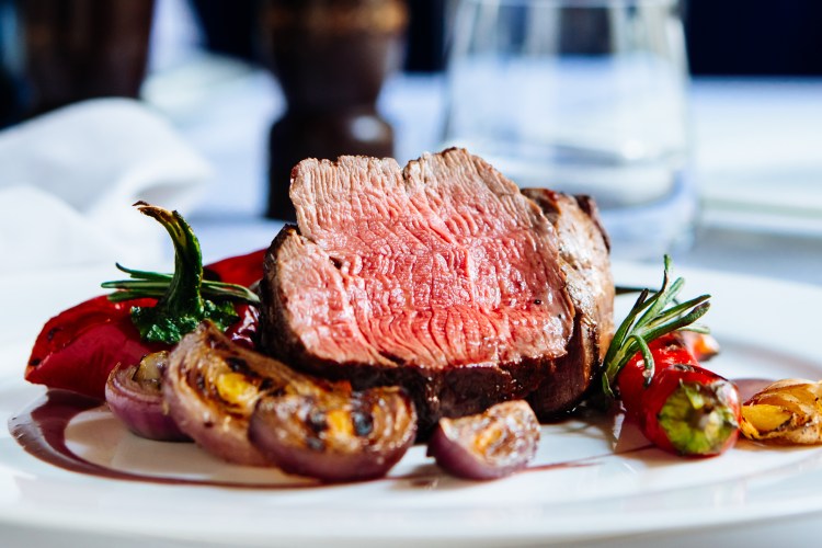 Beef steak with grilled vegetables.