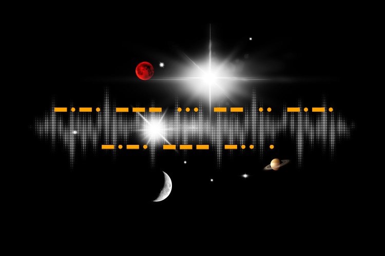 Illustration of a sound wave with planets and stars.