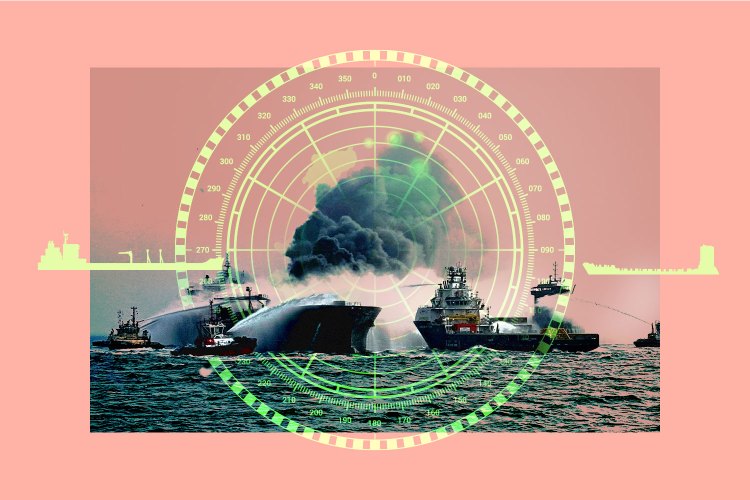 Illustration of a ship fire with tugboats and a radar overlay.