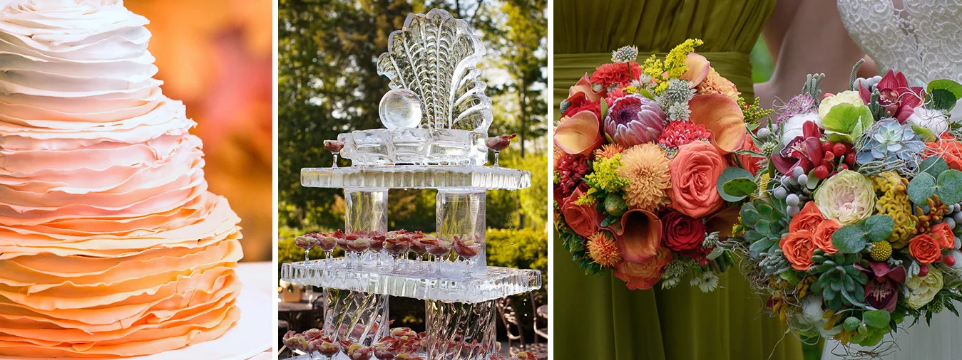 Wedding cake, ornate ice sculpture, and bouquet of flowers