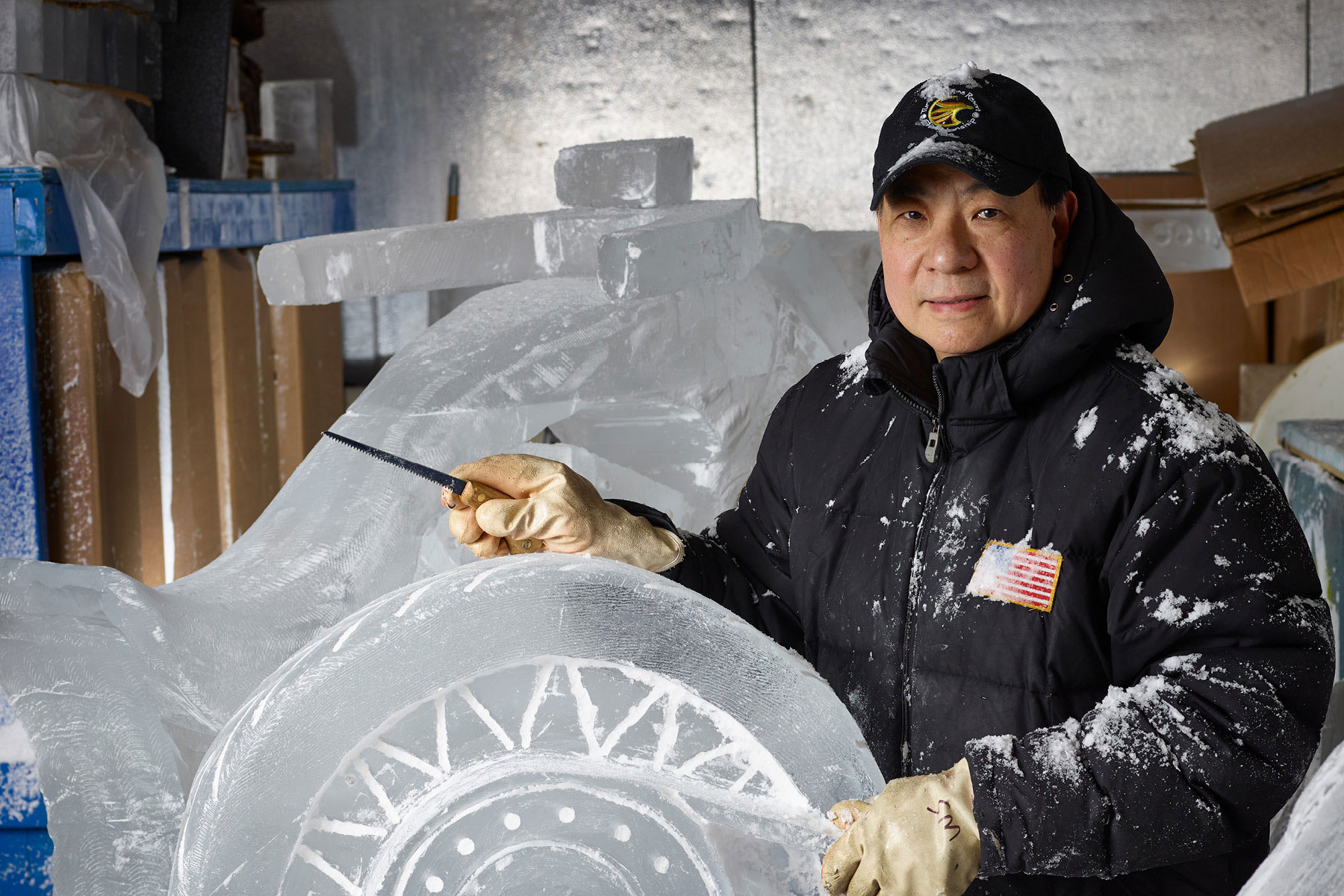 Wedding Ice Sculpture at work in freezer